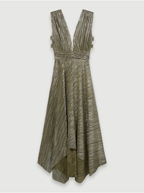 Maje Olive Metallic Plunging V-Neck Handkerchief-Hem Dress 40
